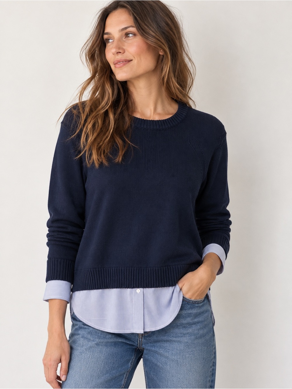 Brochu Walker 100% Cotton Layered Crewneck Sweater Small Navy Blue Minimalist